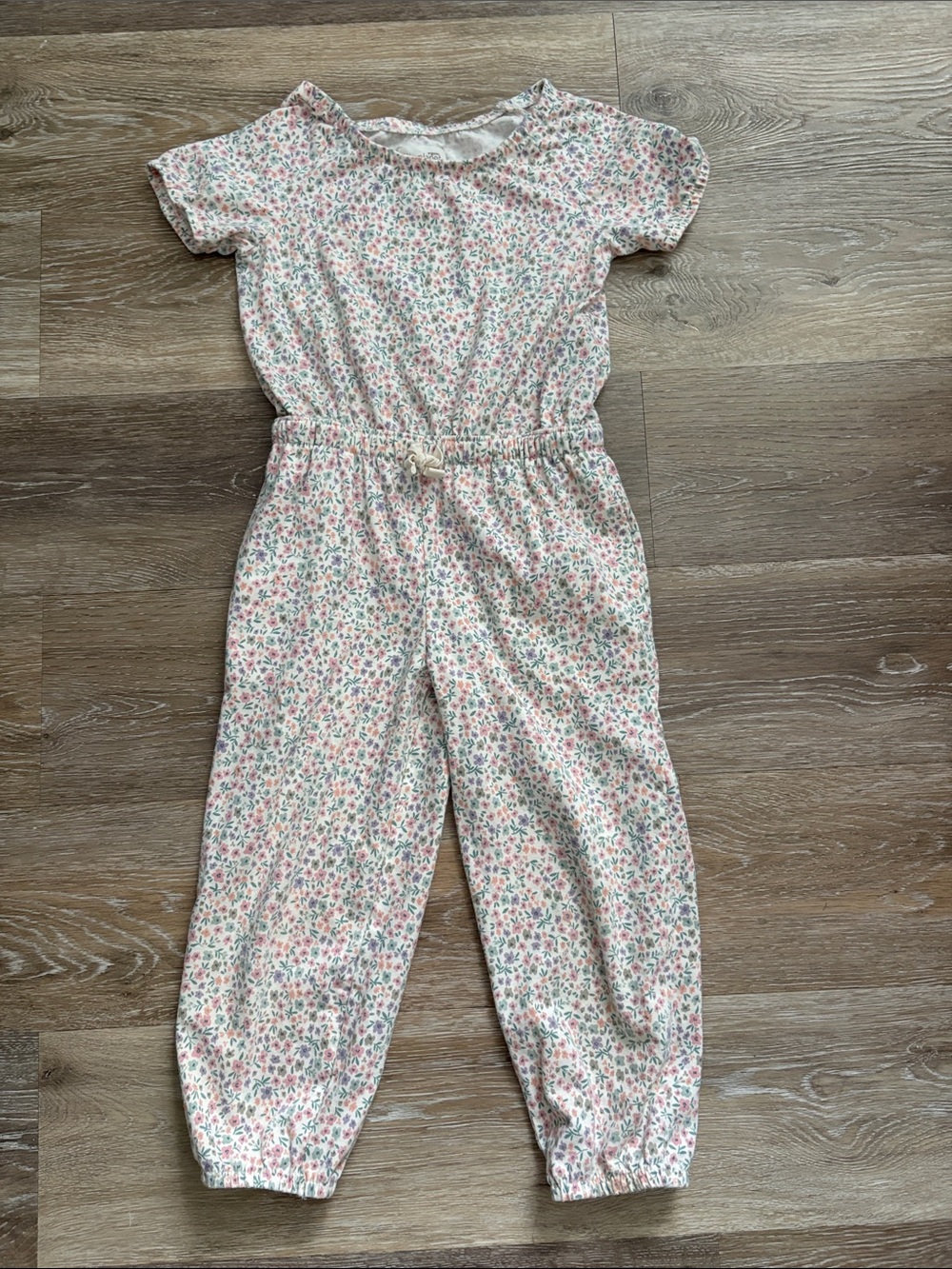 Girls' Floral Pink Short-Sleeve Jumpsuit with Elastic Waist